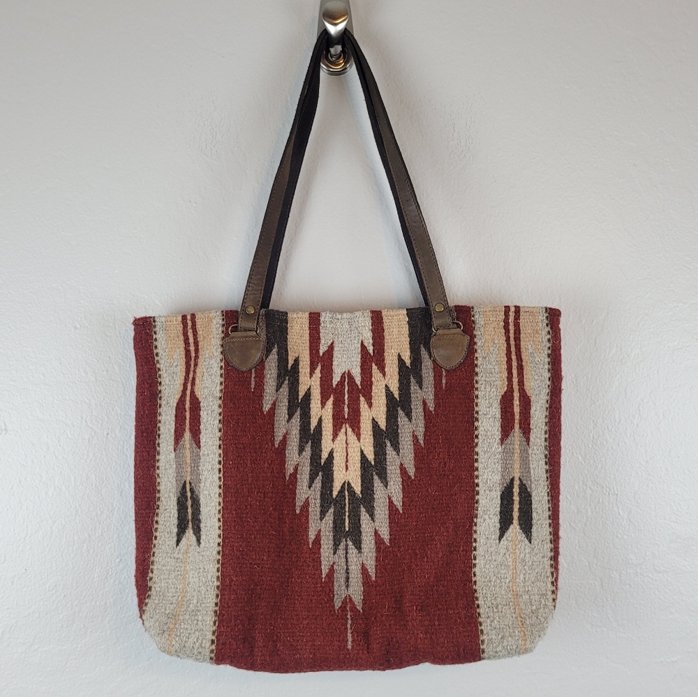 Southwestern Pattern Red Canvas Tote with Leather Straps
